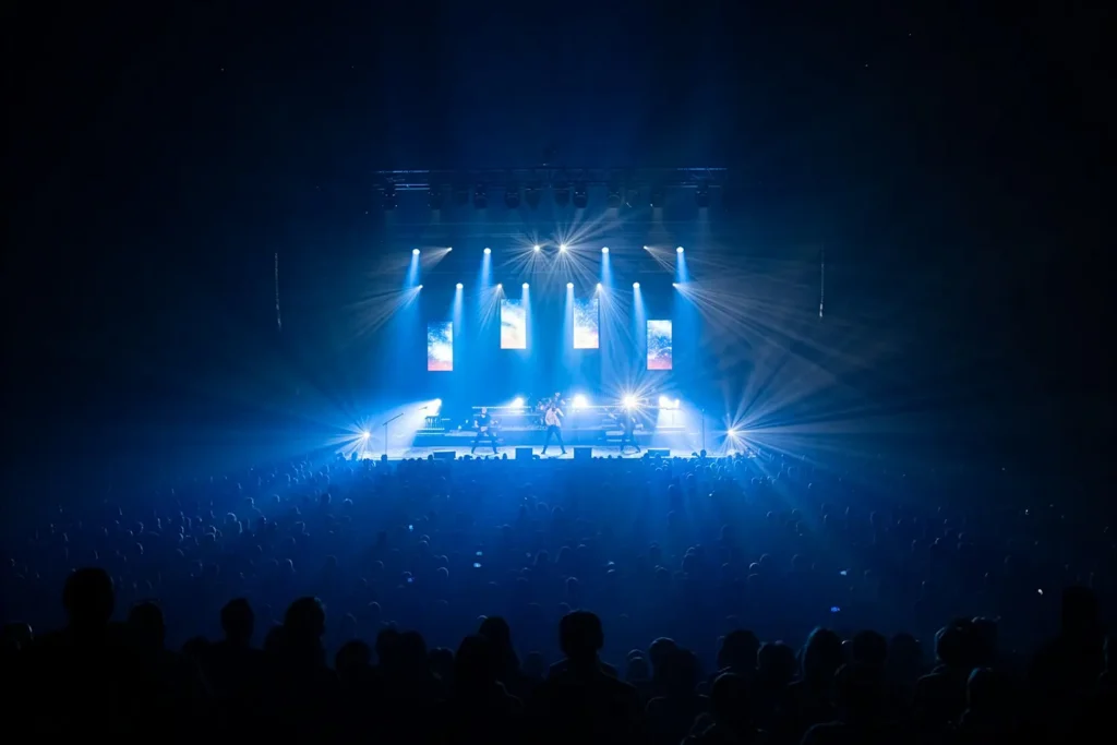Concert : chanteur cover queen sous des projecteurs bleus à l'Arkéa Arena par l'agence ADIO