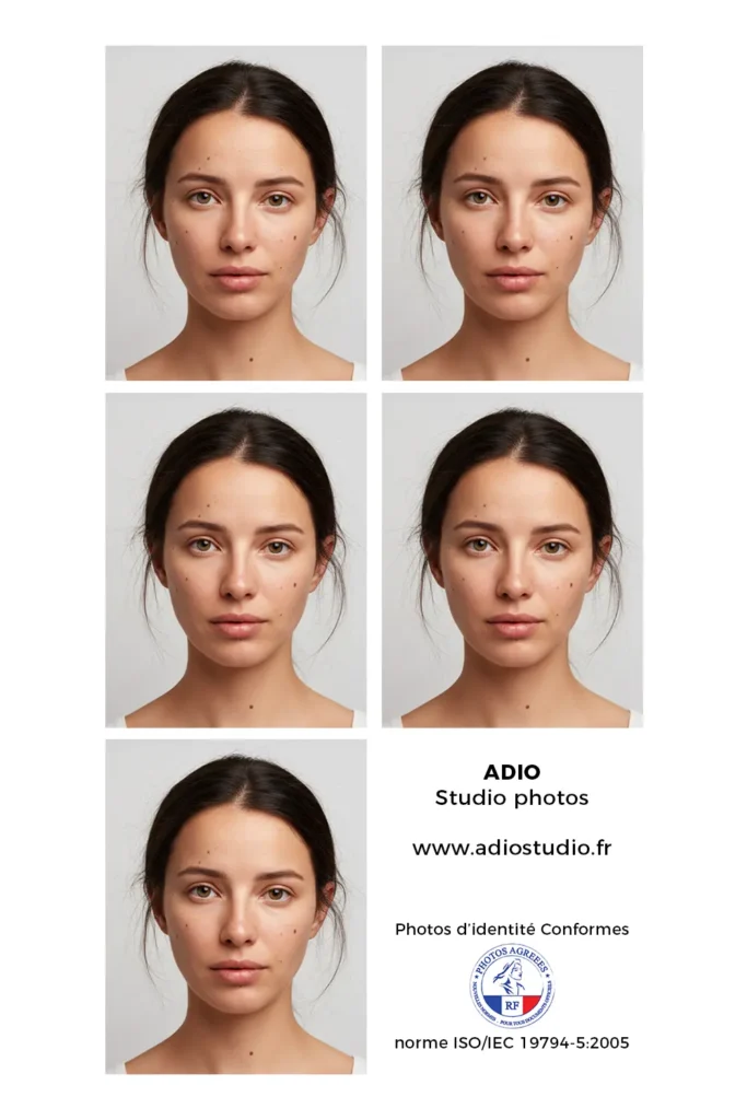 Photographe d'identité : planche de cinq portraits conformes réalisée pour un client à Bayonne par l'agence ADIO.