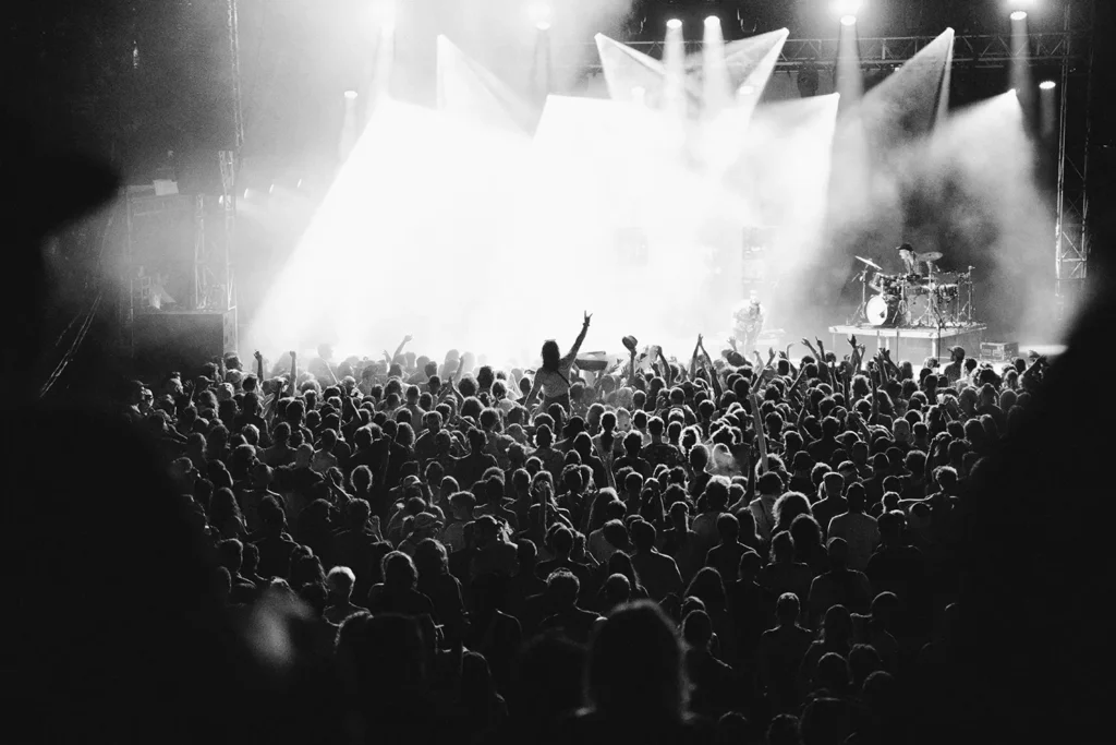 Reportage nocturne : vue d'ensemble d'une foule en délire devant une scène illuminée lors d'un concert rock à Musicalarue par l'agence ADIO