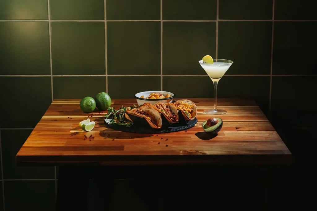 Reportage photo : Trio de tacos et cocktail signature posés sur une table en bois au Kubata, capturés par l'agence ADIO à Bayonne.