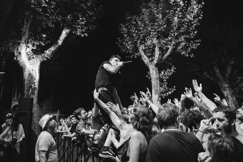 Reportage concert : chanteur porté par la foule lors d'un moment de communion intense au festival Musicalarue capturé par l'agence ADIO